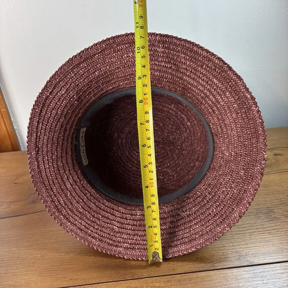 Eric Javits Woven Straw Cloche Bucket Hat Burgundy w Metallic Feather Brooch USA - Picture 8 of 10